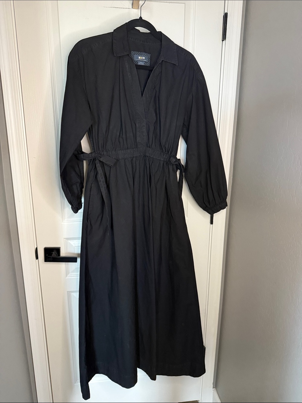 Maeve Black Long Sleeve V-Neck Maxi Dress with Waist Ties and Collar